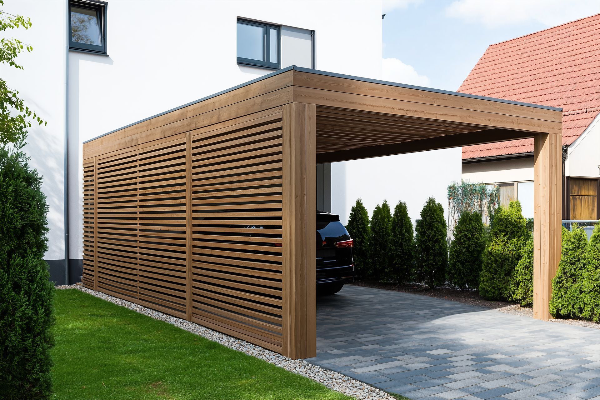 Carport en bois foncé