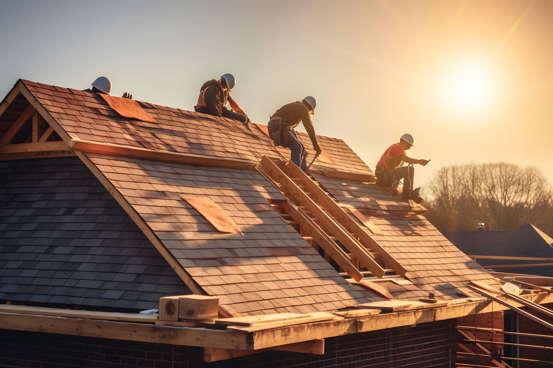 Des couvreurs posent des bardeaux sur le toit d'une maison au coucher du soleil, échelles et outils sont visibles.