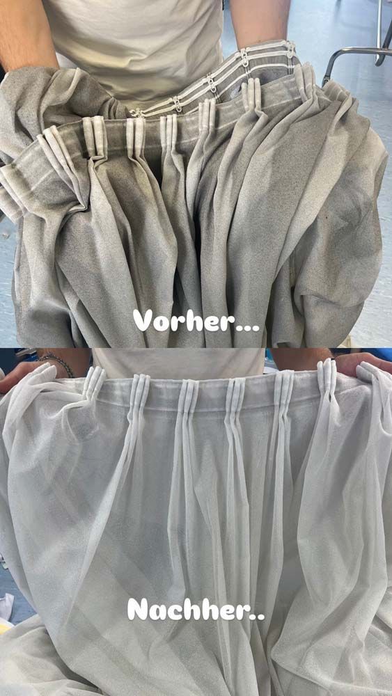 Ein Vorher-Nachher-Bild einer Person, die ein Paar Vorhänge hält.