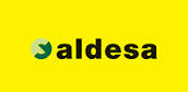 Logotipo de Aldesa sobre fondo amarillo. Presenta un gráfico verde y blanco y la palabra