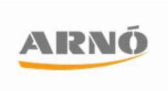 Logotipo de ARNO, texto gris con curva naranja.