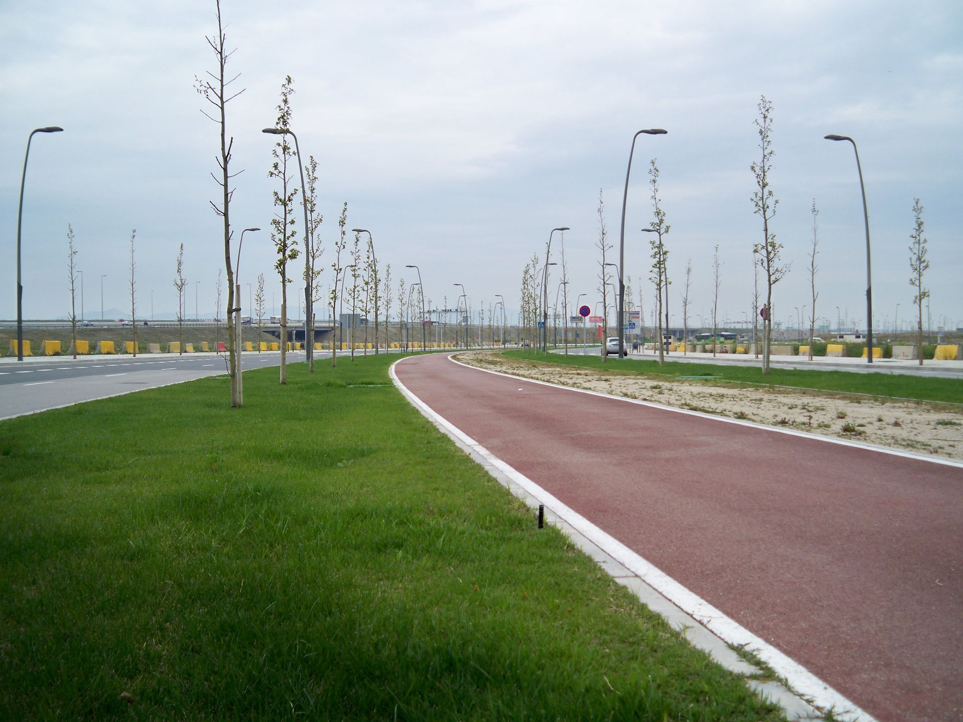 Carretera con carril bici rojo, césped verde, árboles, farolas y cielo nublado.