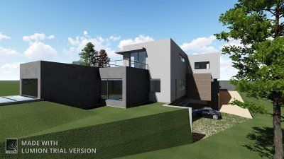 Exterior de casa moderna con paredes grises y blancas, ventanas de vidrio y un automóvil estacionado en la entrada.