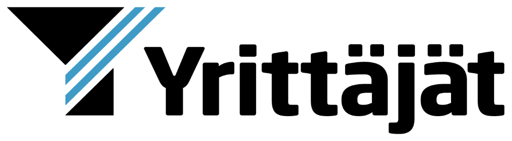 Yrittäjät-logo mustalla tekstillä ja mustalla, sinisellä ja valkoisella kolmiomerkillä