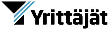 Yrittäjät-logo mustalla tekstillä ja mustalla, sinisellä ja valkoisella kolmiomerkillä