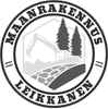 Maanrakennus Leikkanen logo, jossa kaivinkone, puut ja tie mustana ja harmaana