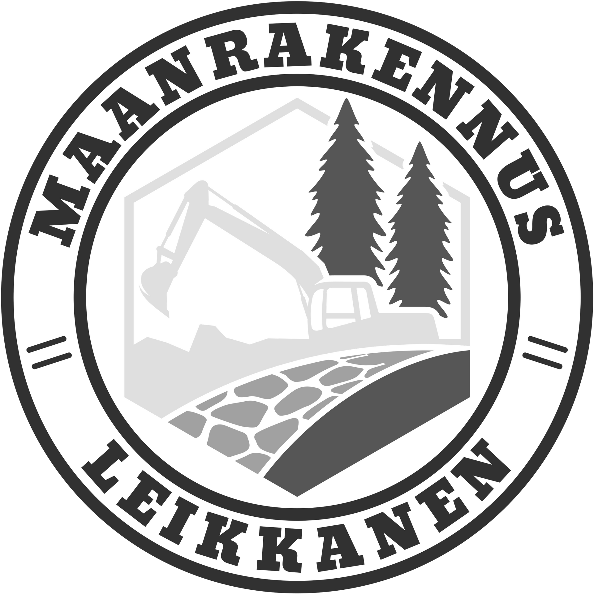 Maanrakennus Leikkanen logo, jossa kaivinkone, puut ja tie mustana ja harmaana