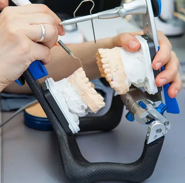 Un dentista está trabajando en un modelo de los dientes de una persona.
