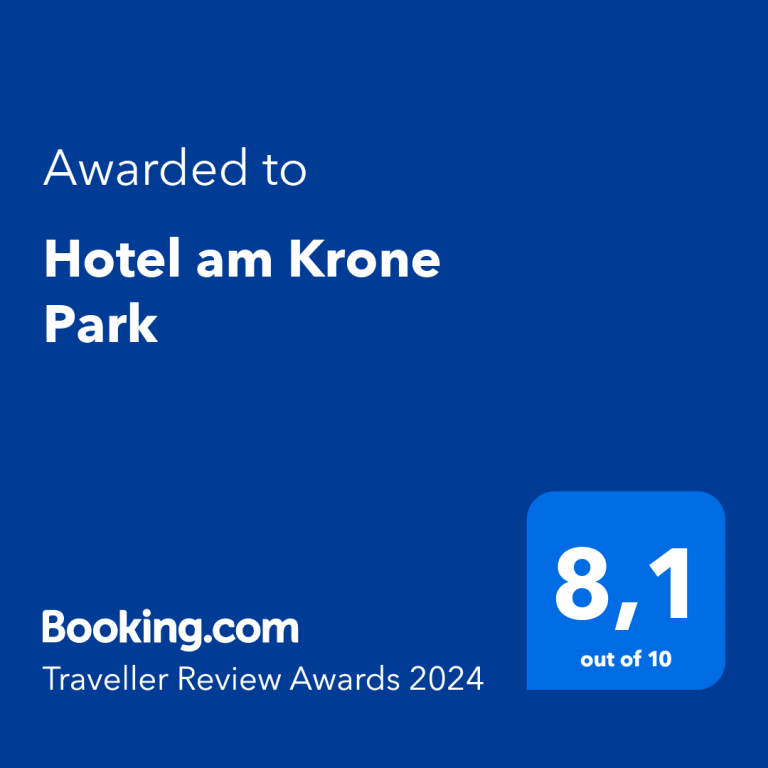 Booking.com-Auszeichnungsabzeichen für das Hotel am Krone Park, Bewertung 8,1 von 10, Traveller Review Awards 2024.