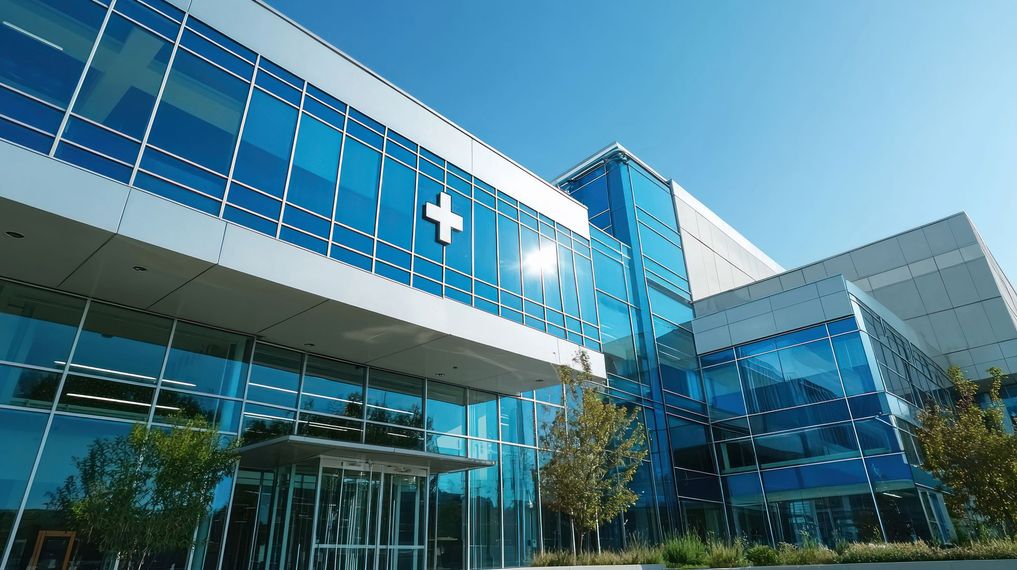 Bâtiment hospitalier moderne en verre avec des fenêtres teintées bleutées et une croix médicale blanche.