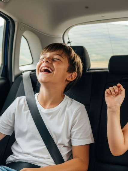 Un enfant rit dans son siège auto, vêtu d'un T-shirt blanc et portant une ceinture de sécurité, avec une route floue à l'extérieur.