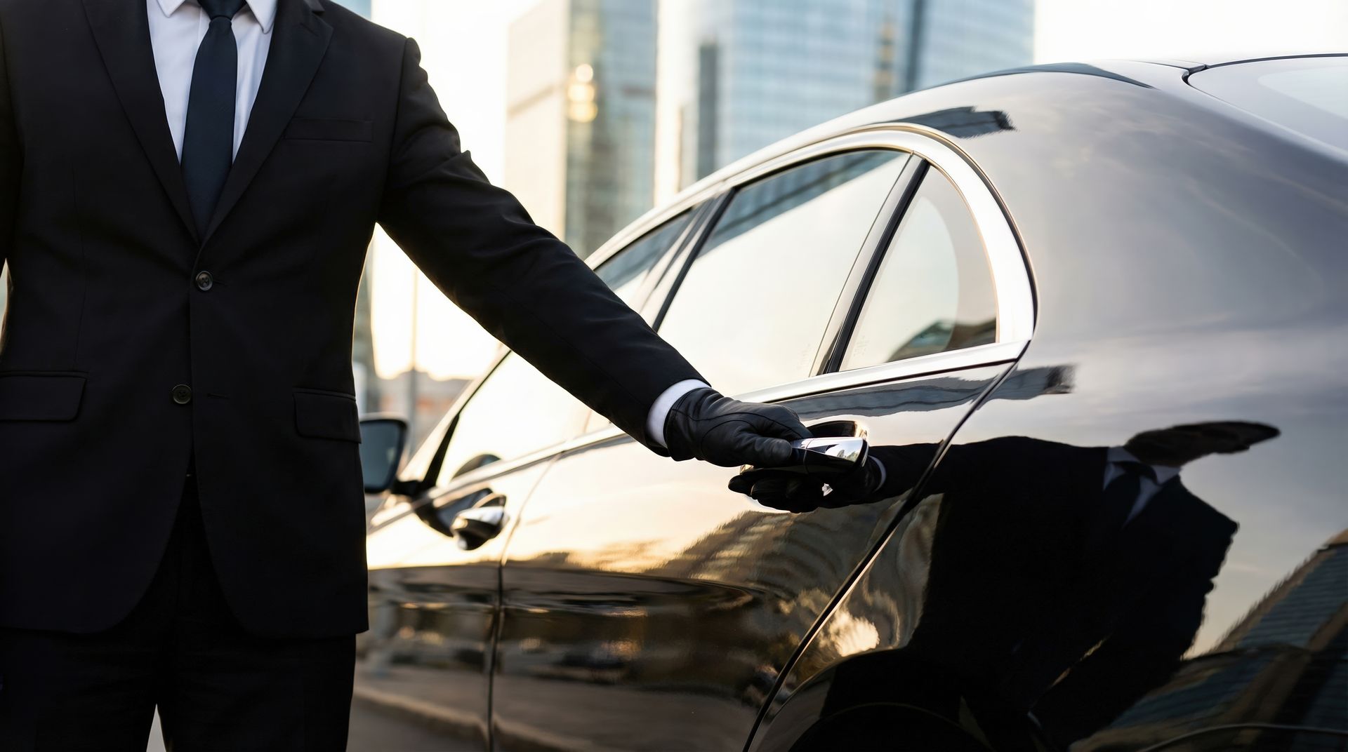 Un chauffeur en costume ouvre la portière arrière d'une voiture de luxe noire à l'extérieur.
