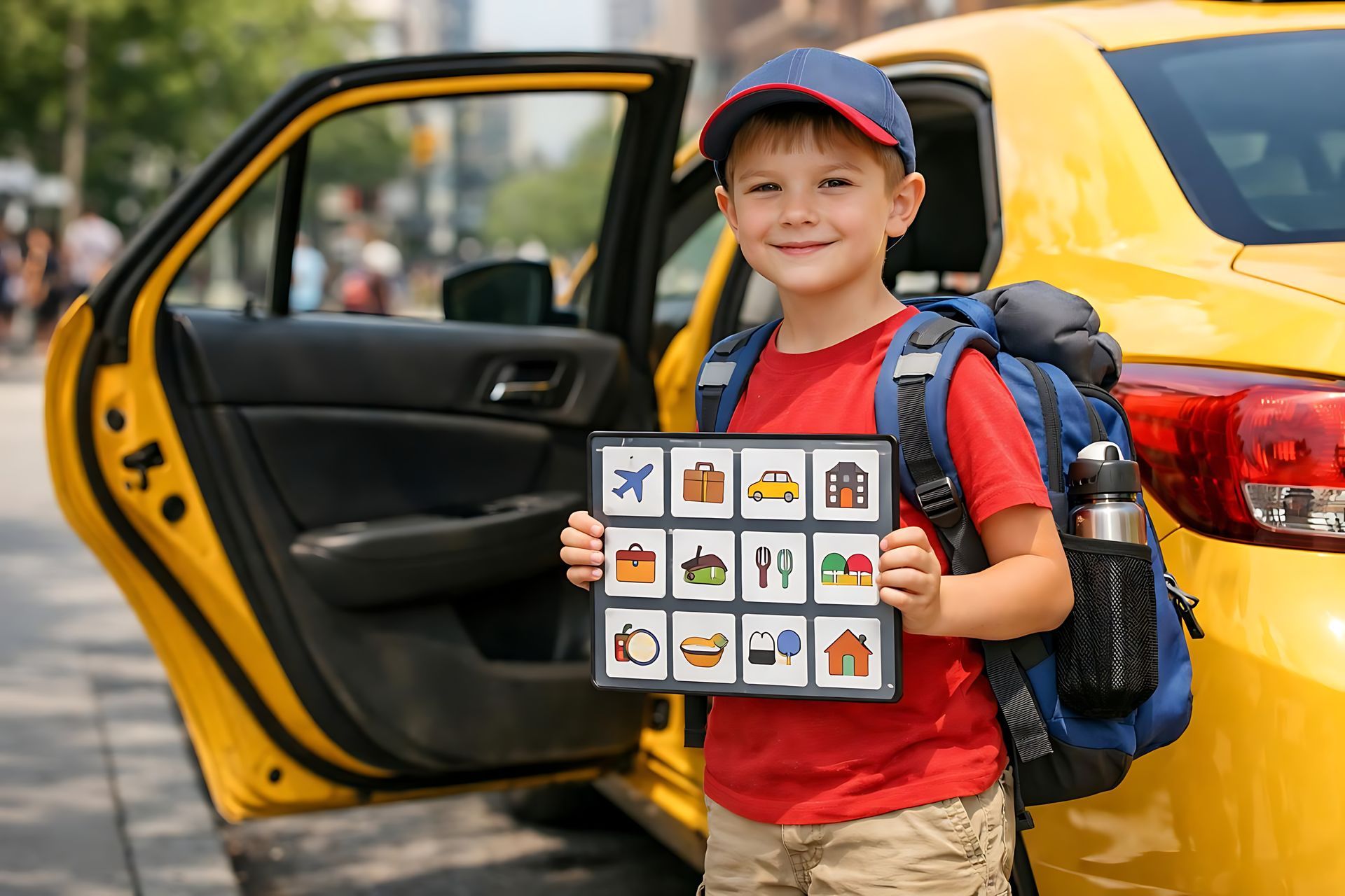 Un enfant souriant, sac à dos sur le dos, tient un tableau d'icônes scolaires à côté d'une voiture jaune dont la portière est ouverte.