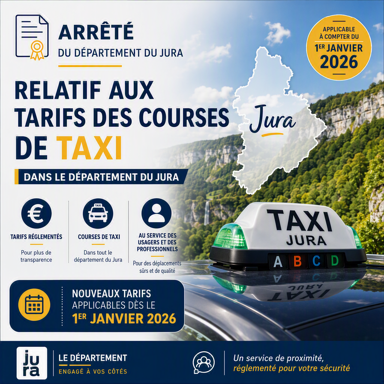 Affiche sur les tarifs des courses de taxi dans le Jura, avec taxi, ciel bleu et montagnes.