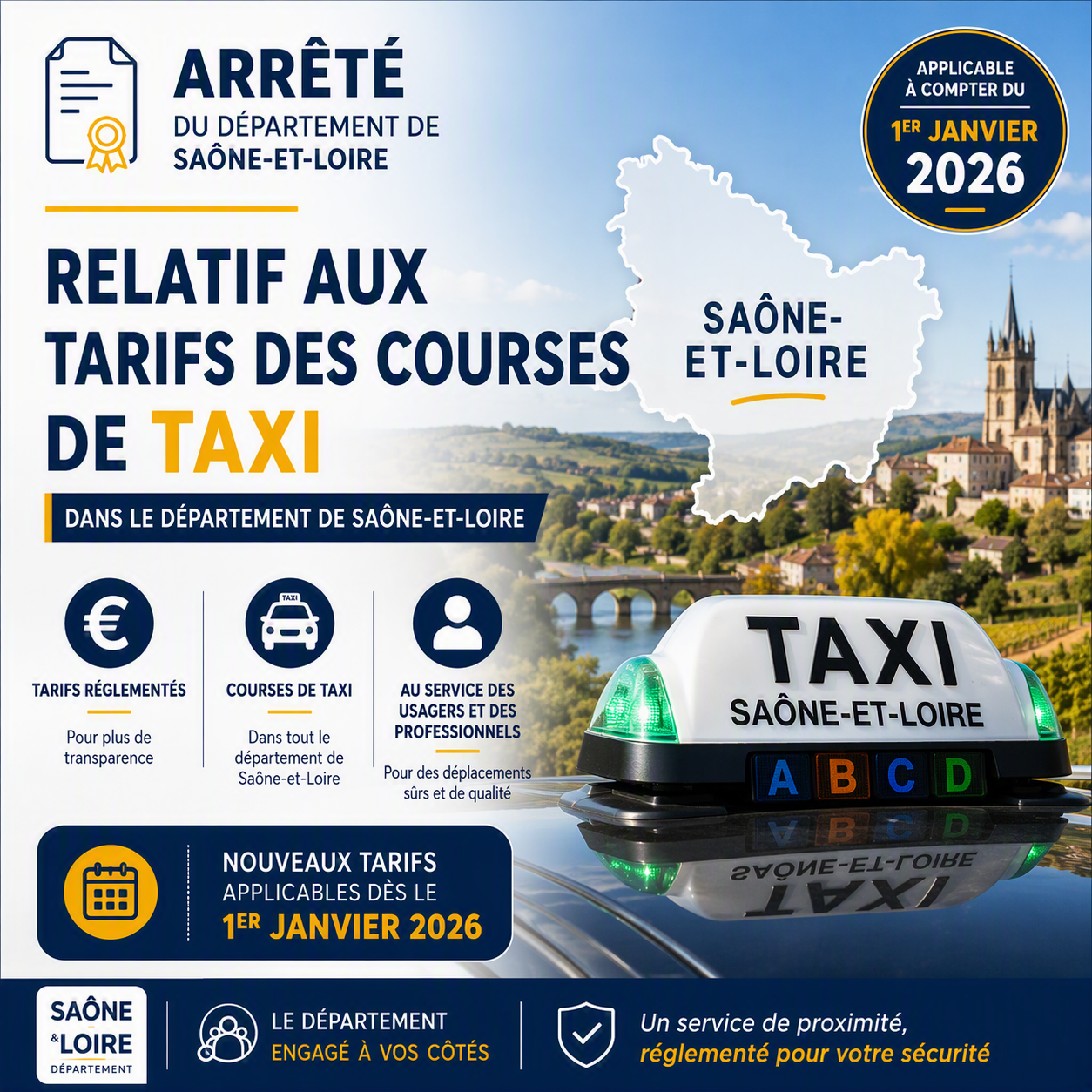 Affiche bleue et blanche sur les tarifs des courses de taxi en Saône-et-Loire depuis le 1er janvier 2026, avec taxi