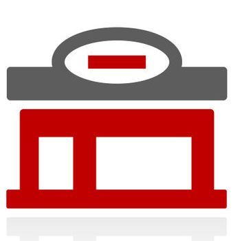 Un icono rojo y gris de una tienda con un signo menos en la parte superior.