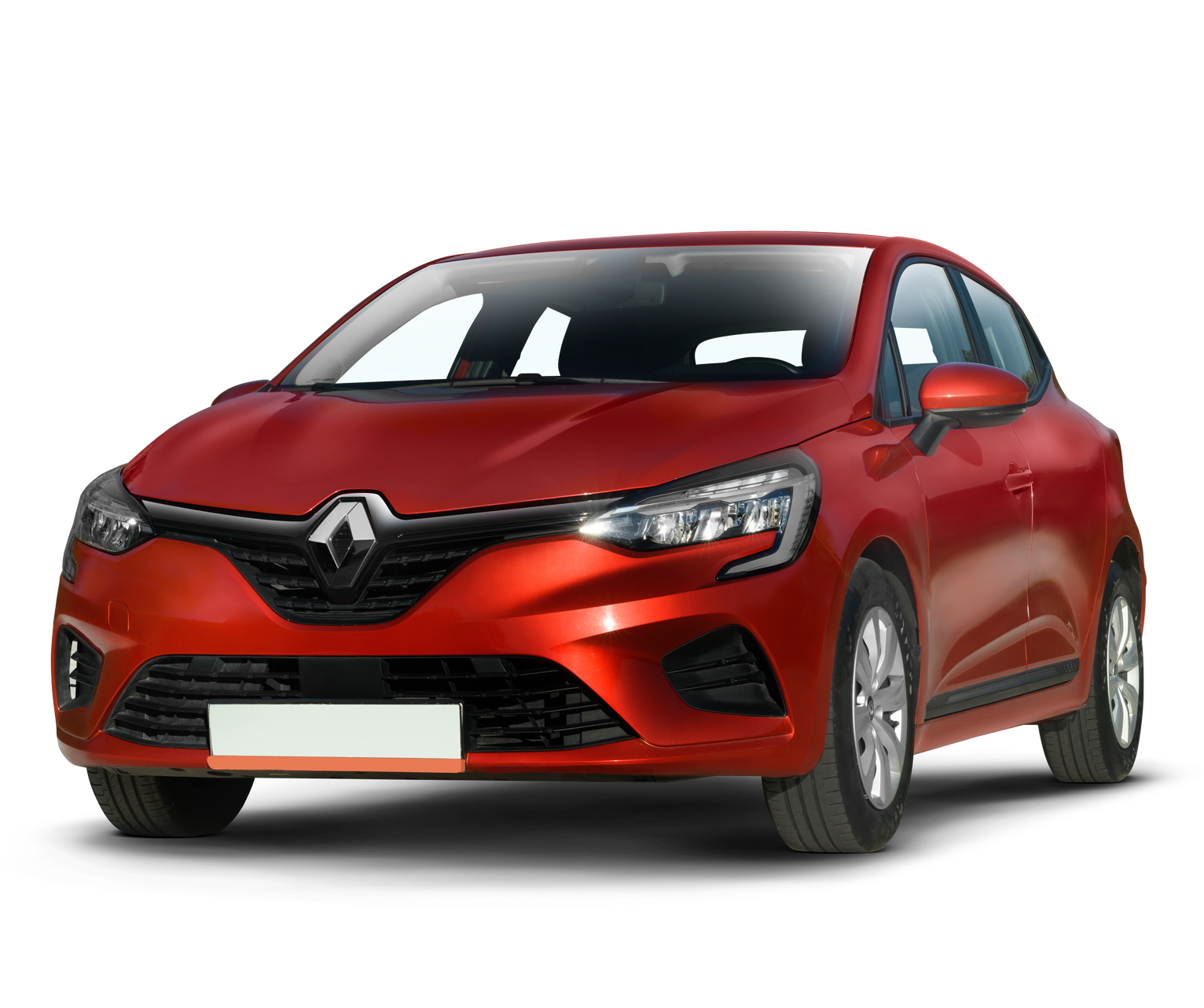 Renault rouge à hayon sur fond blanc, vue de face gauche.