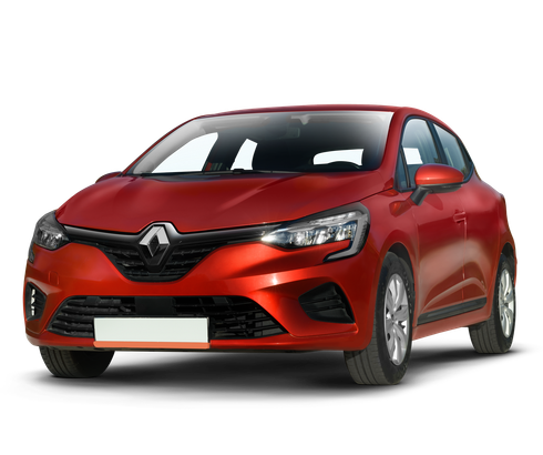 Voiture Renault rouge à hayon sur fond blanc, vue de trois quarts avant.