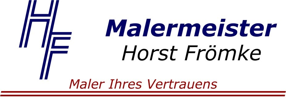 Logo f&uuml;r Malermeister Horst Fr&ouml;mke mit blauen Initialen, Firmennamen und dem roten Slogan &bdquo;Maler Ihres Vertrauens&ldquo;