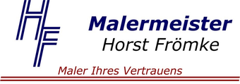 Logo für Malermeister Horst Frömke mit blauen Initialen, Firmennamen und dem roten Slogan „Maler Ihres Vertrauens“