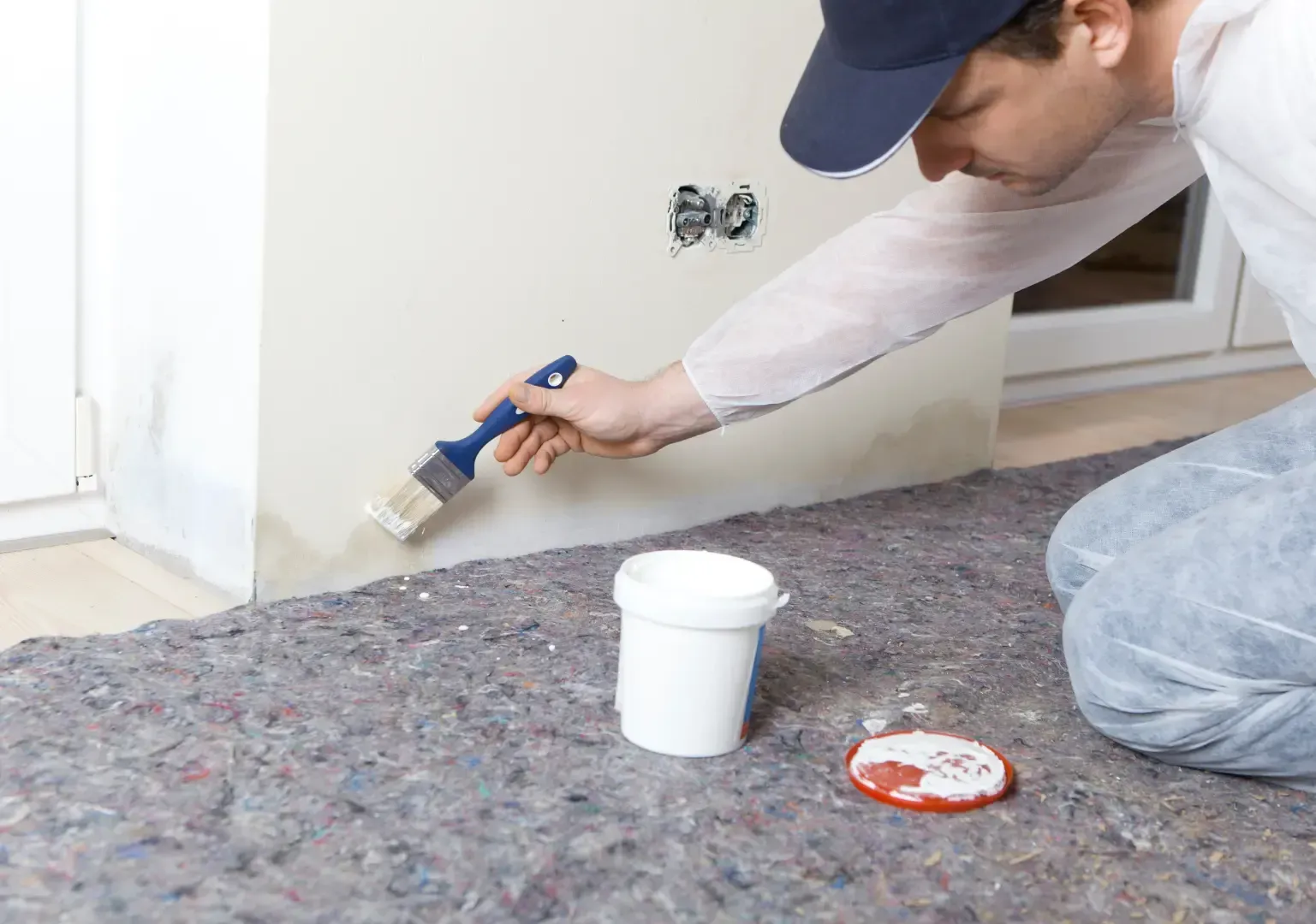 Ein Maler mit Pinsel und Farbeimer hockt vor einer Wand mit Wasserschaden-Spuren