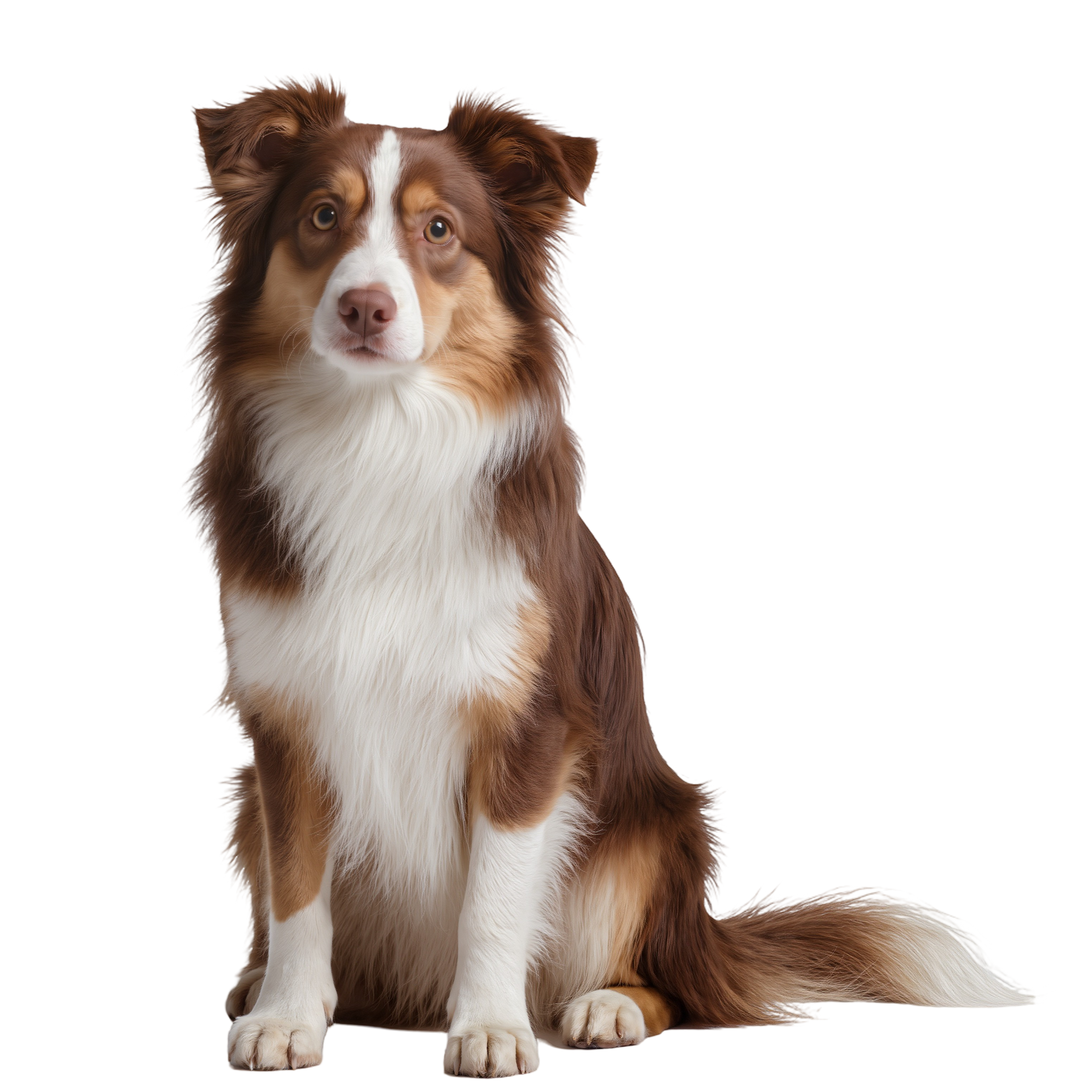 Un border collie marron et blanc assis de face, devant un fond blanc.