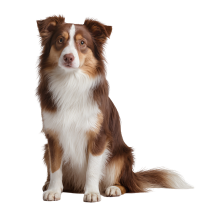 Un border collie marron et blanc assis de face, devant un fond blanc.