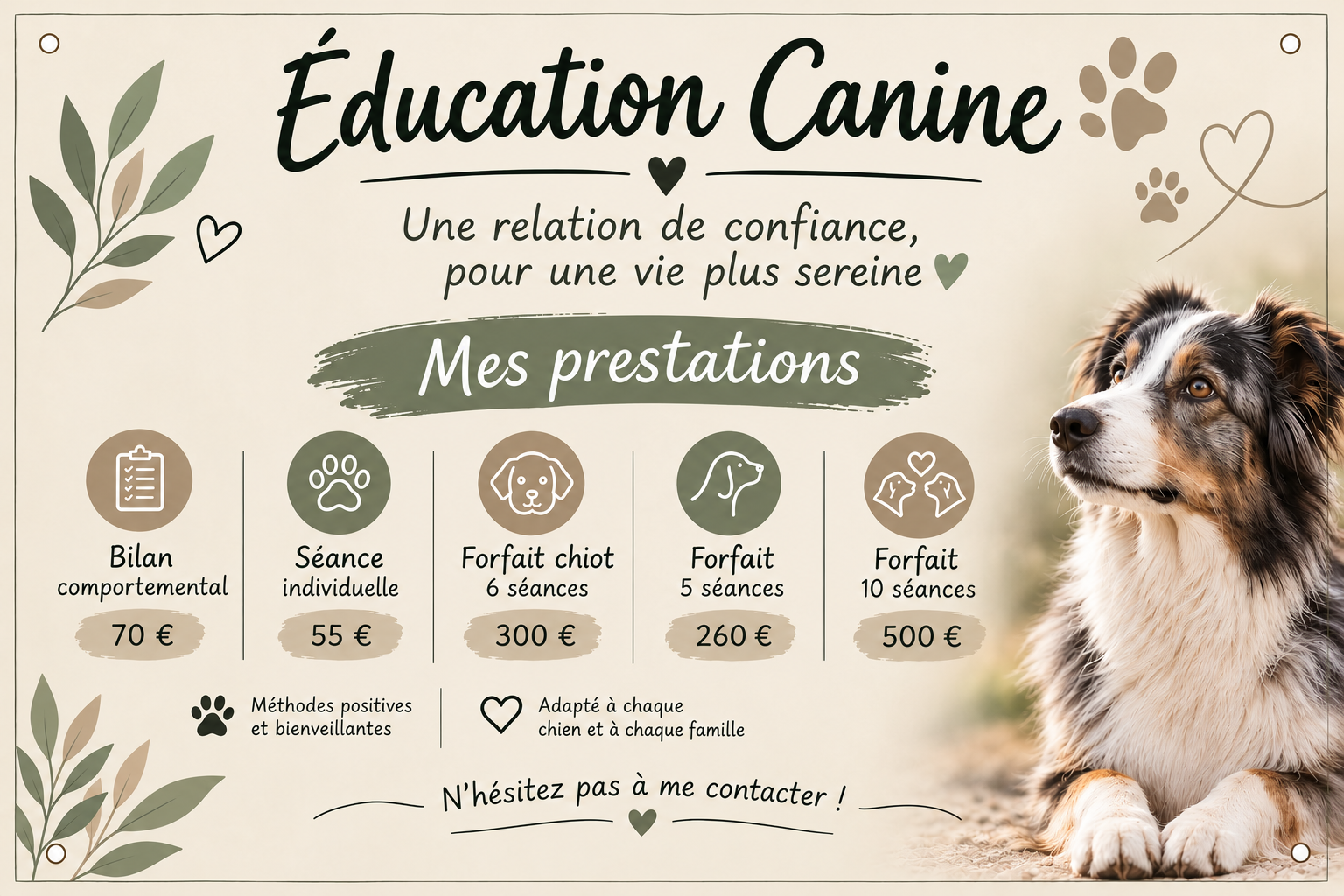 Affiche beige sur l’éducation canine, avec un chien, un logo et une liste de prestations tarifées.