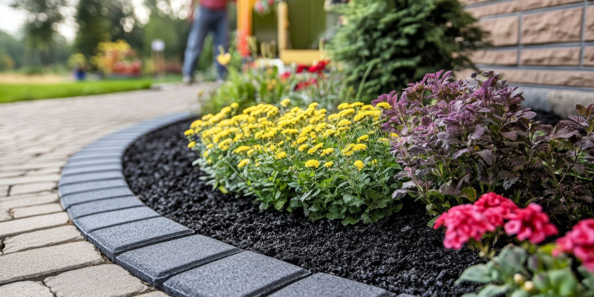 Massif de jardin avec paillis noir, fleurs colorées et bordure de chemin en briques.