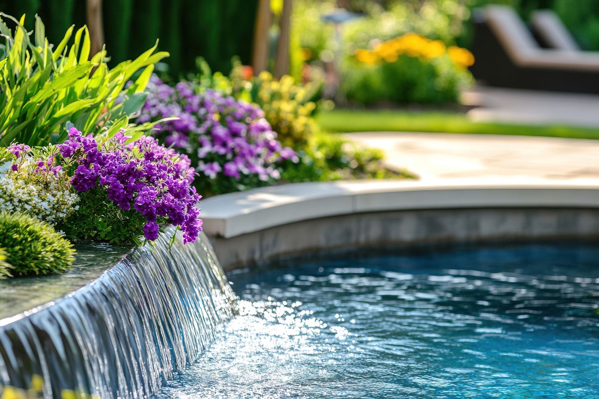 Piscine à débordement de pierre ; eau en cascade ; fleurs violettes éclatantes et végétation luxuriante.