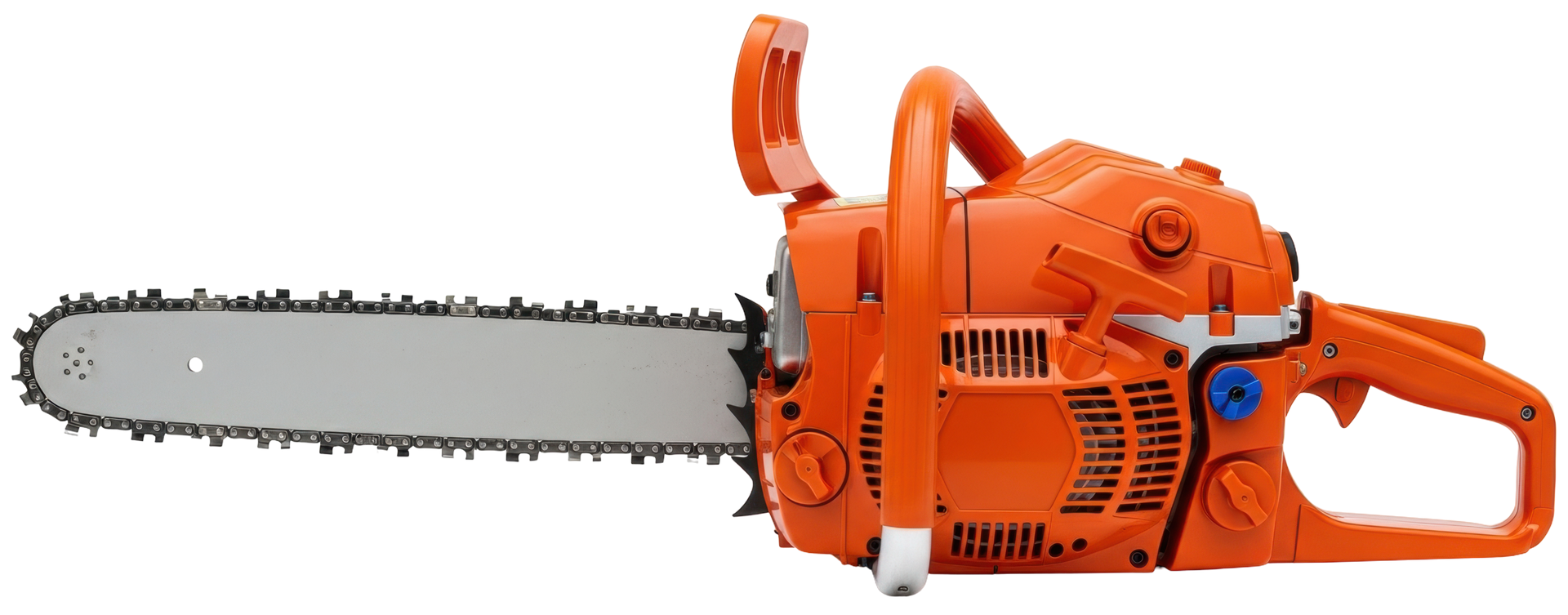 Tronçonneuse orange sur fond blanc.