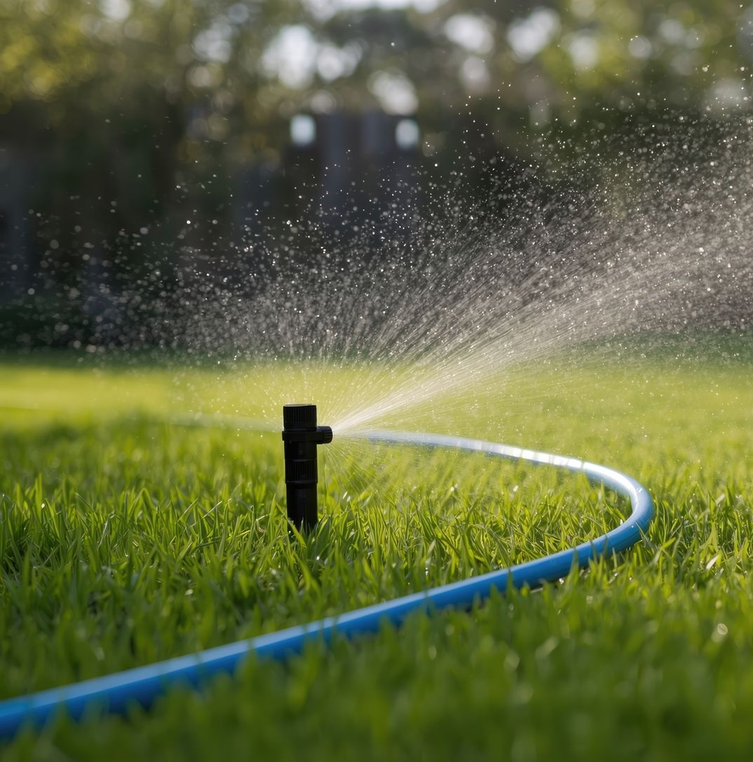 Arroseur sur une pelouse verte, projetant de l'eau avec un tuyau bleu par une journée ensoleillée.