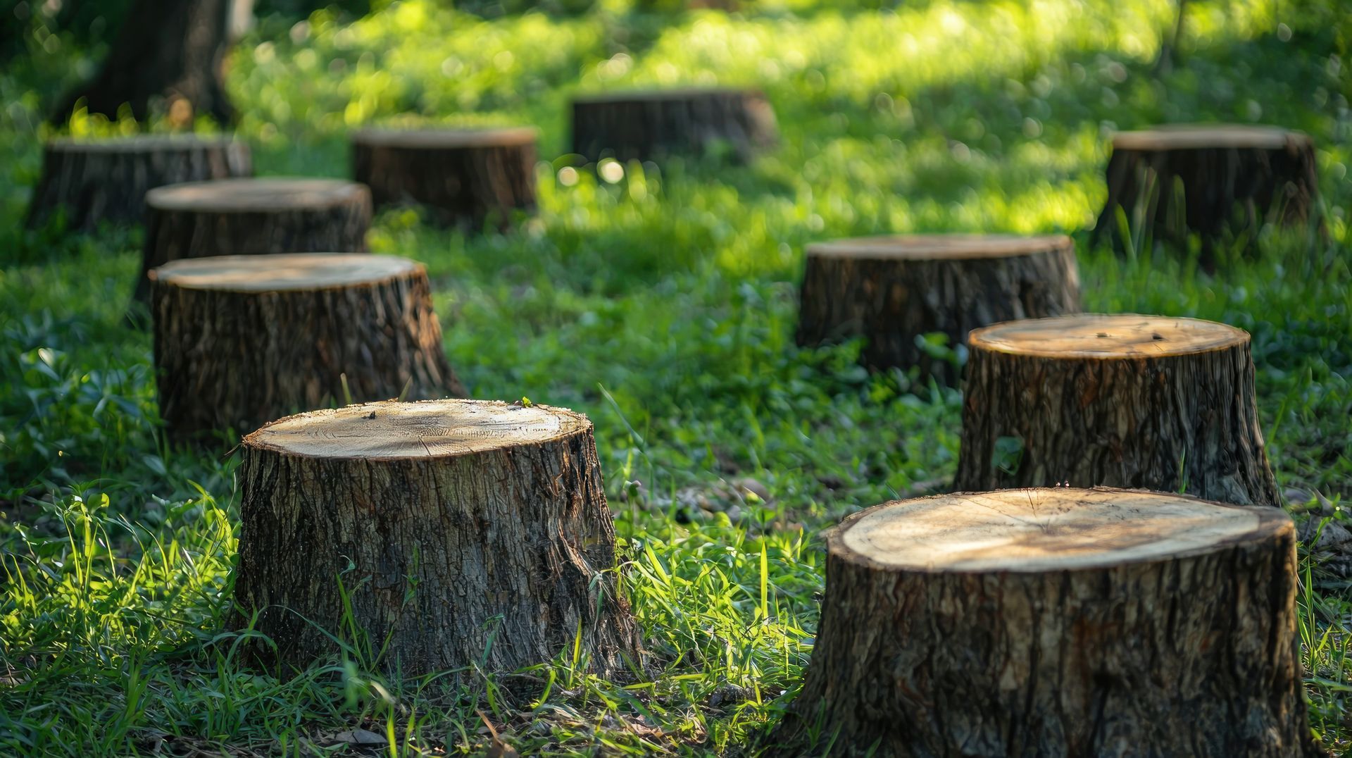 Rangée de souches d'arbres dans une zone herbeuse.