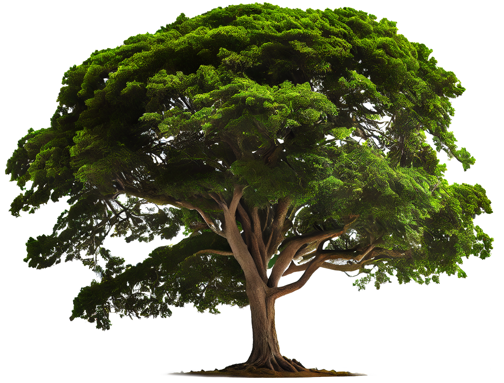 Grand arbre mature, au tronc épais et au feuillage dense et vert.