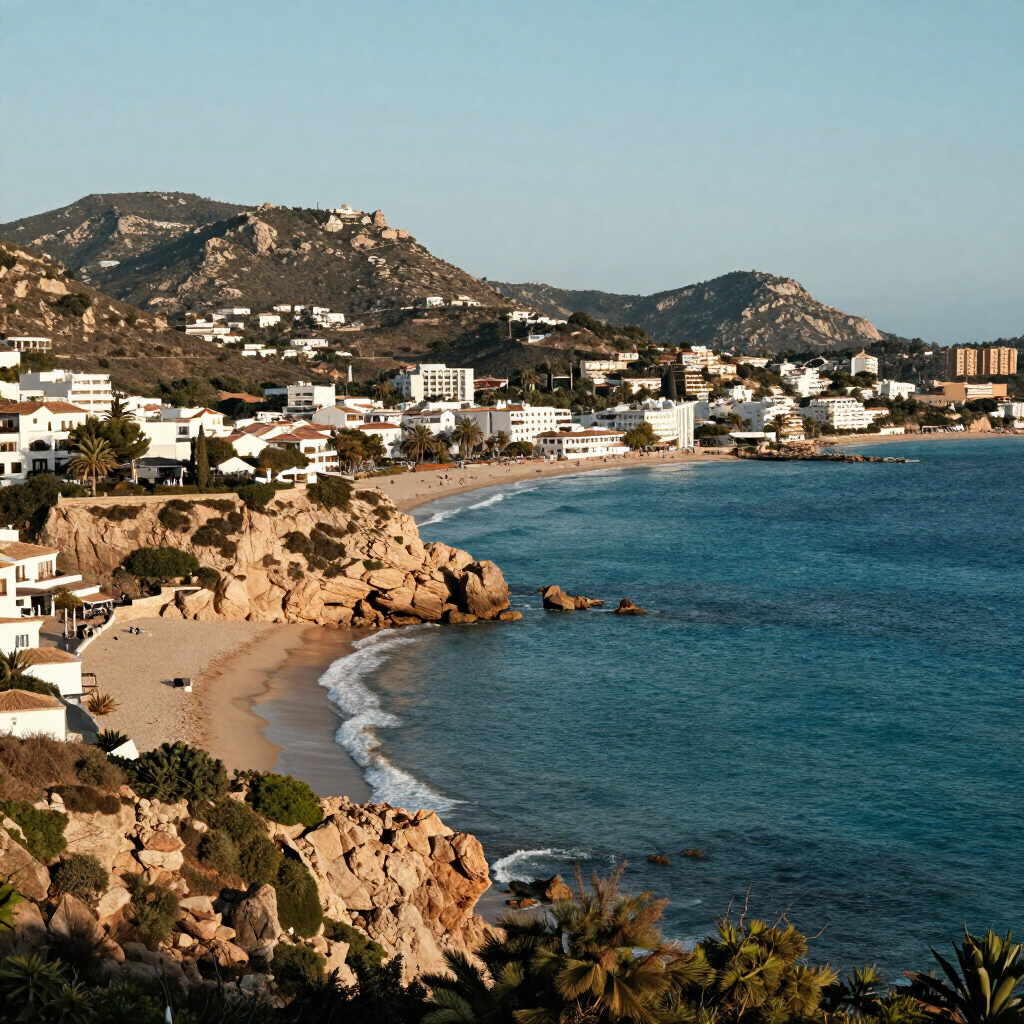 Pueblo costero con edificios blancos, costa rocosa, playa de arena y mar azul bajo un cielo despejado.
