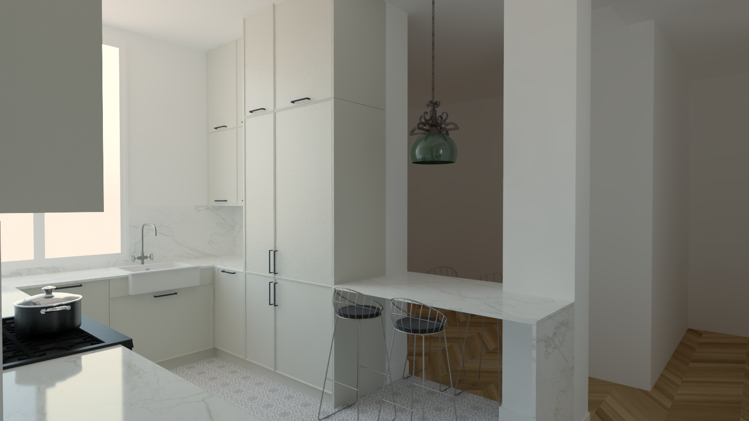 Una cocina con gabinetes blancos, un fregadero, una estufa y una mesa.