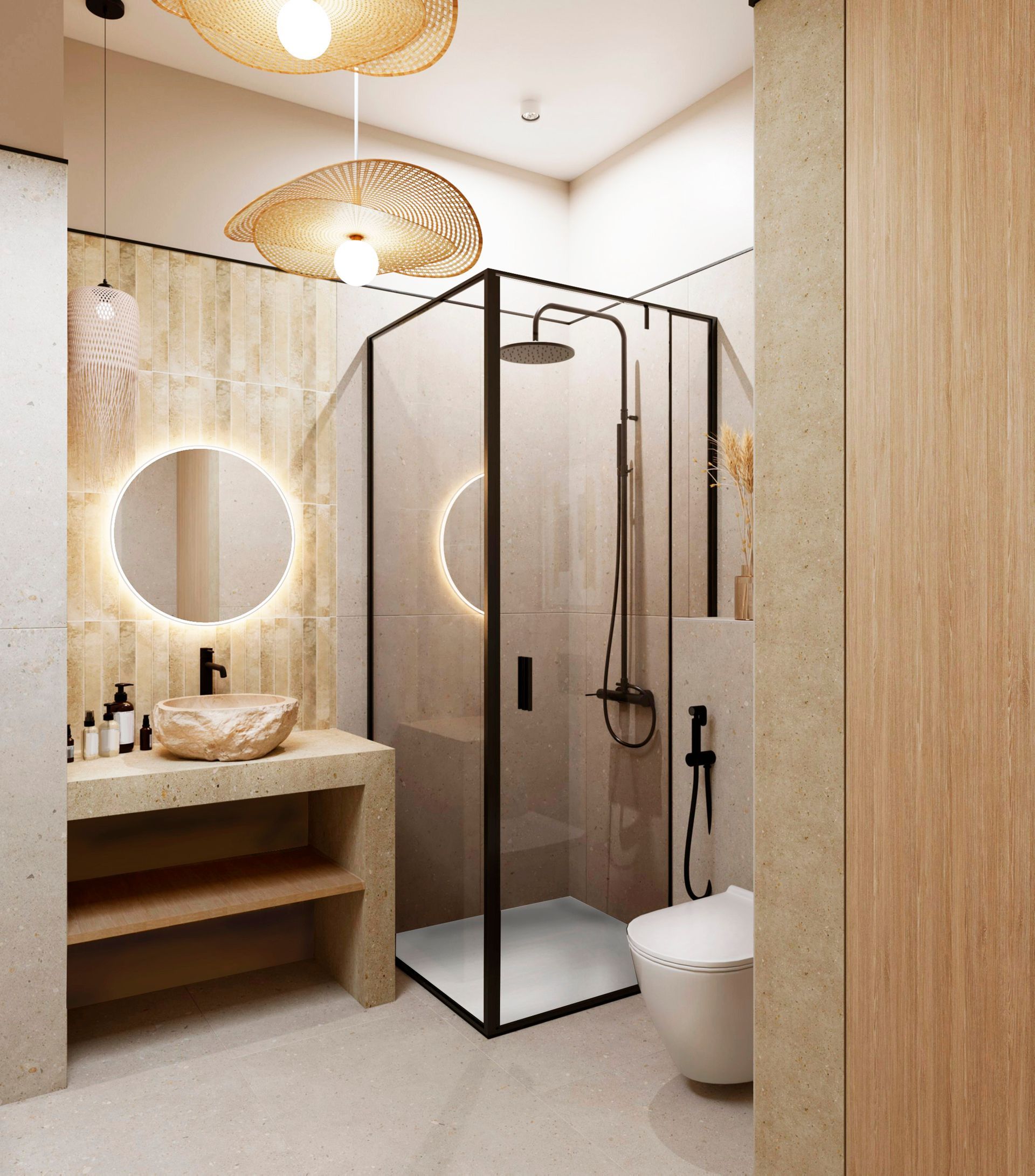 Une salle de bains aux tons beiges avec une douche en verre, un meuble vasque et des toilettes.
