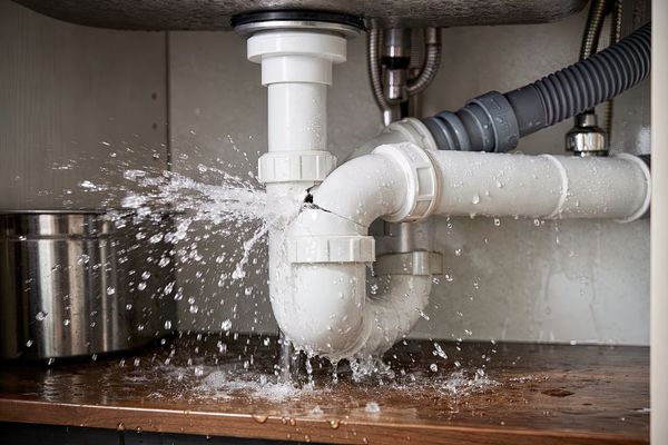 Un tuyau blanc qui fuit : l'eau jaillit de partout.