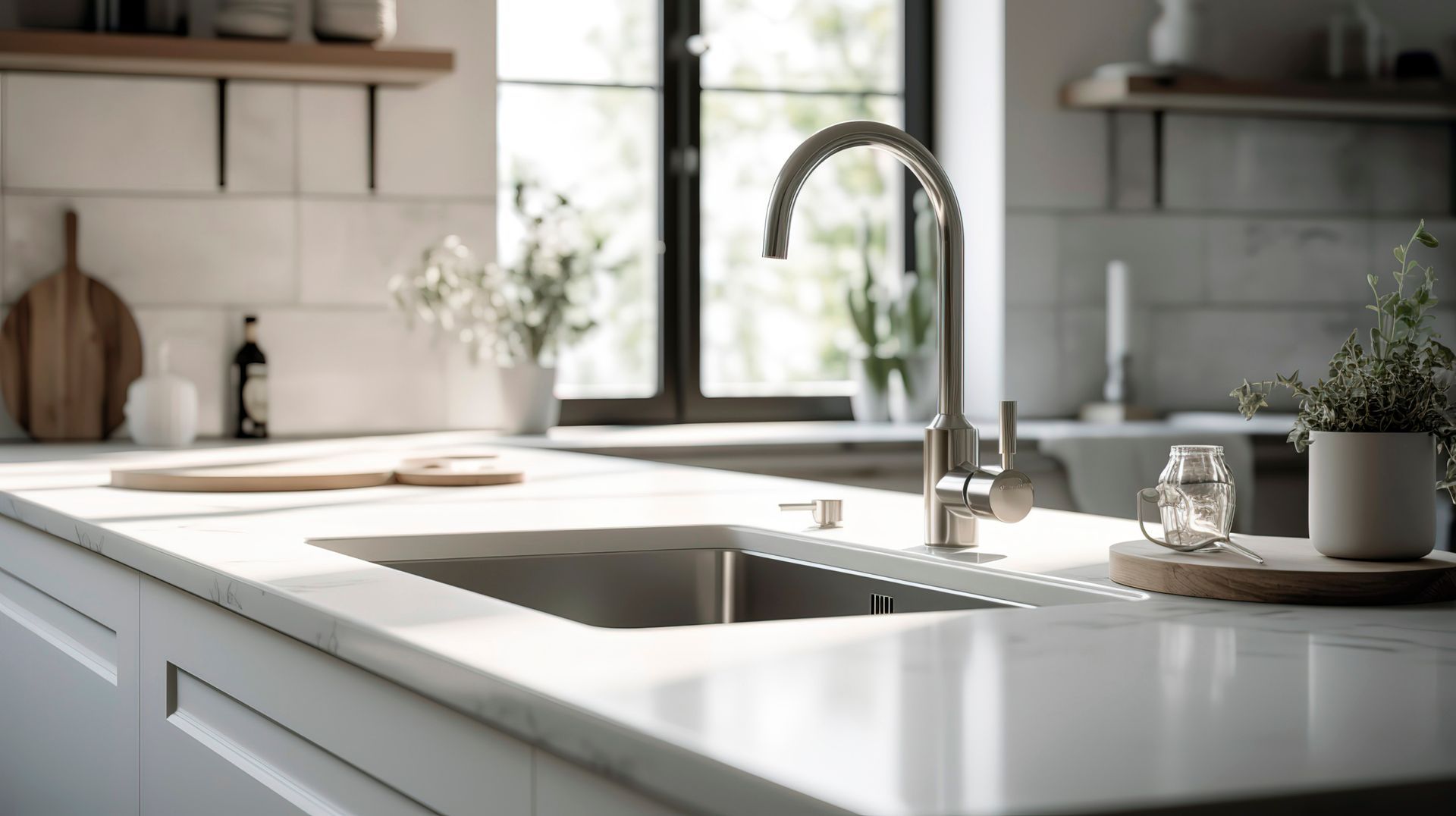 Une cuisine moderne avec un comptoir blanc et un évier en acier inoxydable.
