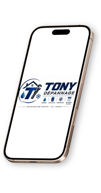 Un smartphone avec le logo de Tony Dépannage sur l'écran.