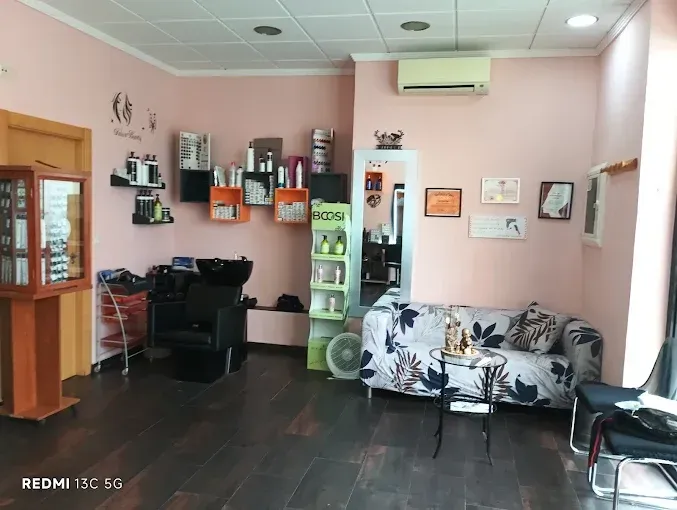 Interior de una peluquería con paredes rosas, suelo de madera oscura y un sofá con estampado floral.