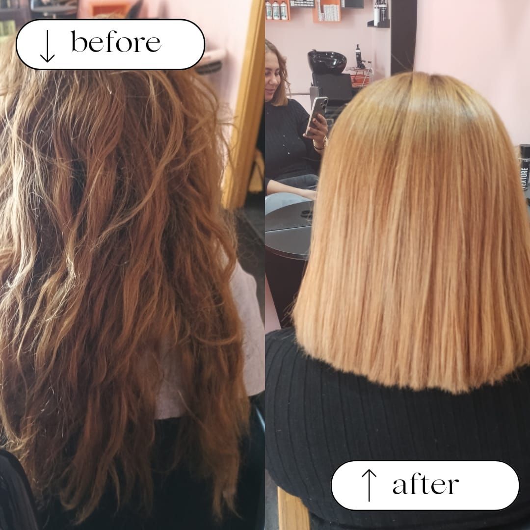 Vista del antes y el después de la transformación del cabello: de un cabello castaño y rizado a un lob rubio, liso y suave.