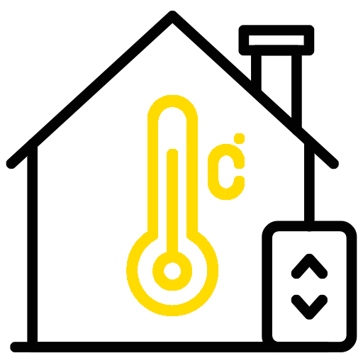 Ein Symbol eines Hauses mit einem Thermometer und einer Fernbedienung.