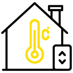 Ein Symbol eines Hauses mit einem Thermometer und einer Fernbedienung.