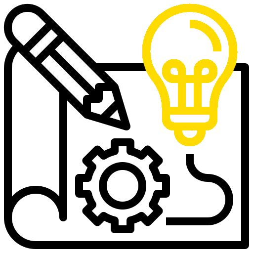 Ein Bleistift, eine Glühbirne, Zahnräder und eine Zeichnung auf einem Blatt Papier.