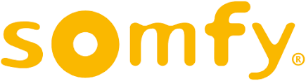 Das Somfy-Logo ist gelb und weiß auf weißem Hintergrund.