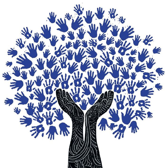 Árbol azul con forma de huella de mano y tronco negro con forma de brazos levantados.