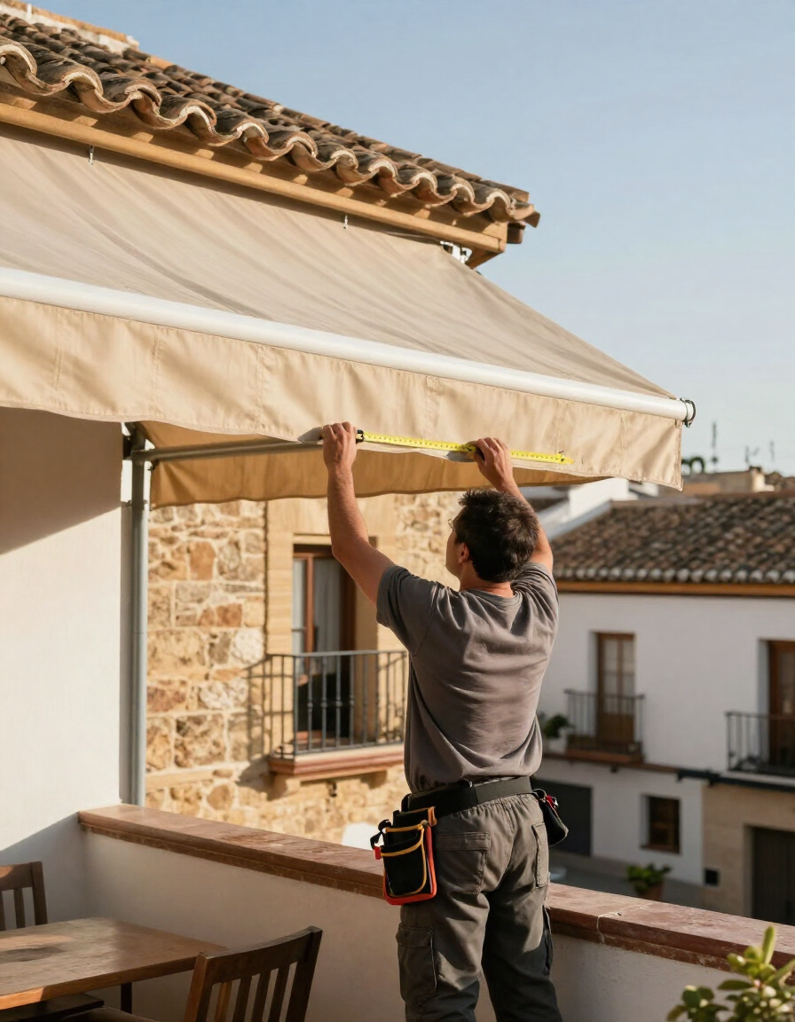 Un trabajador ajusta un toldo retráctil beige en una terraza en la azotea
