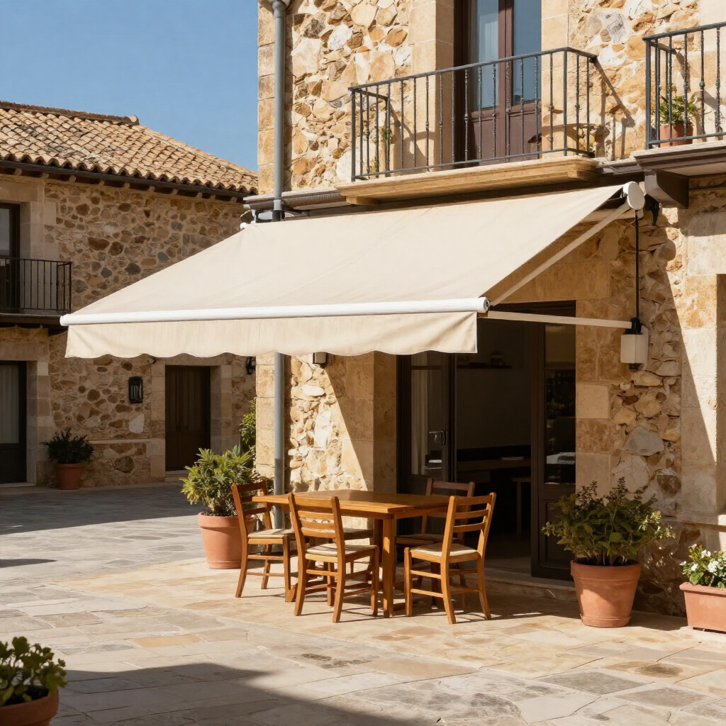 Terraza de piedra de una cafetería, con toldo color crema, mesa y sillas de madera y plantas en macetas.
