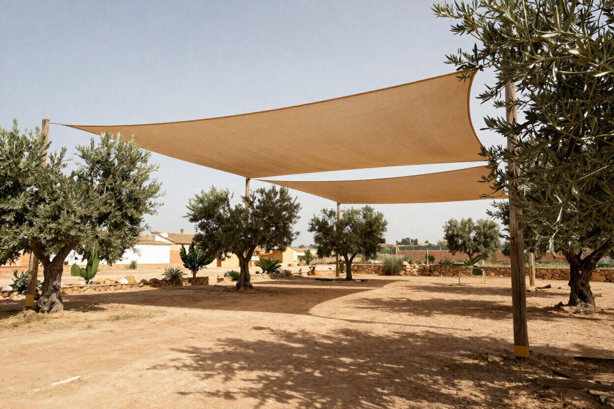 Toldo beige tensado sobre un olivar seco, con árboles de olivo y suelo polvoriento